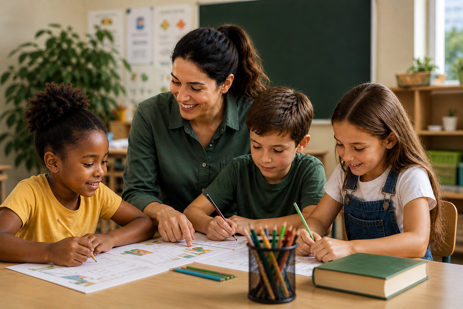 Professora do Ensino Fundamental 1 com alunos em sala de aula